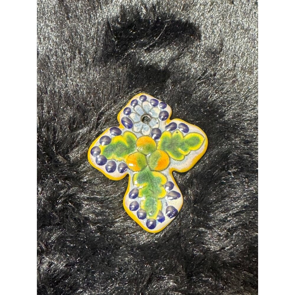 Handcrafted Mexican Ceramic Cross Ornament With Colorful Floral Design